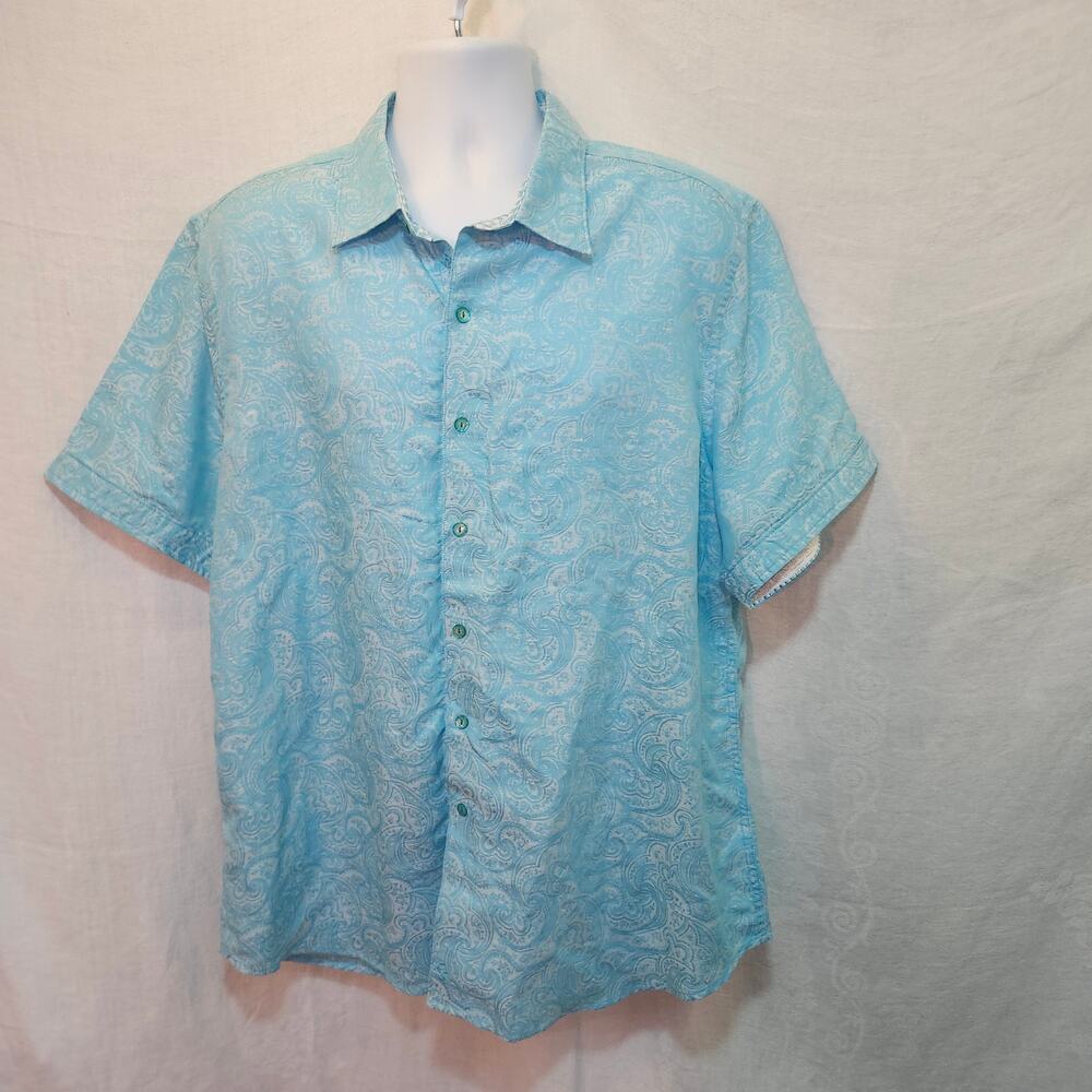 Men's 2XL Robert Graham Jaquard Button Up Shirt Blue Short Sleeve Cuff Details